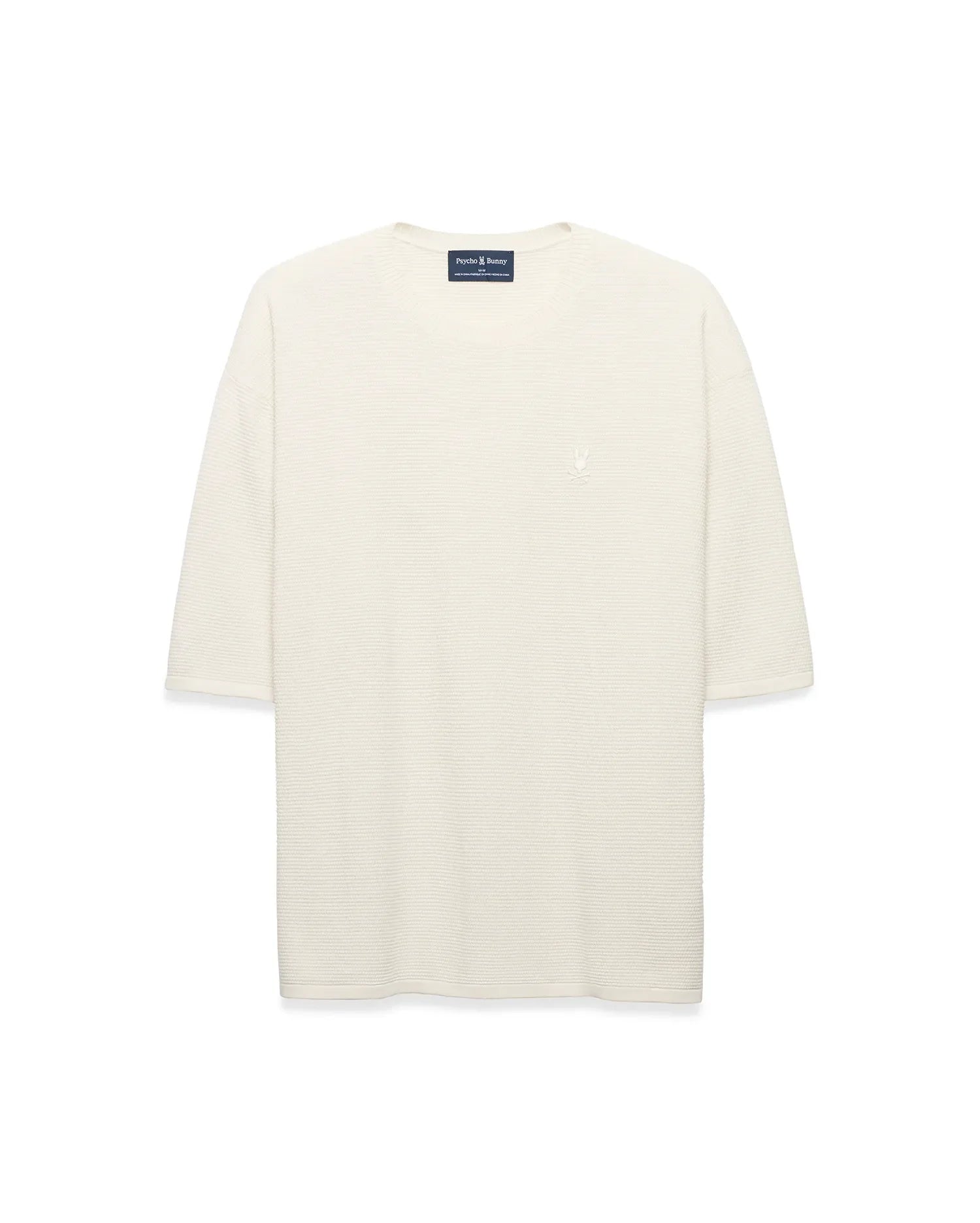 Mens Makai Textured Knit T-Shirt in cream, featuring a relaxed fit, subtle horizontal textured knit, and a small tonal embroidered Psycho Bunny skull logo on the left chest.