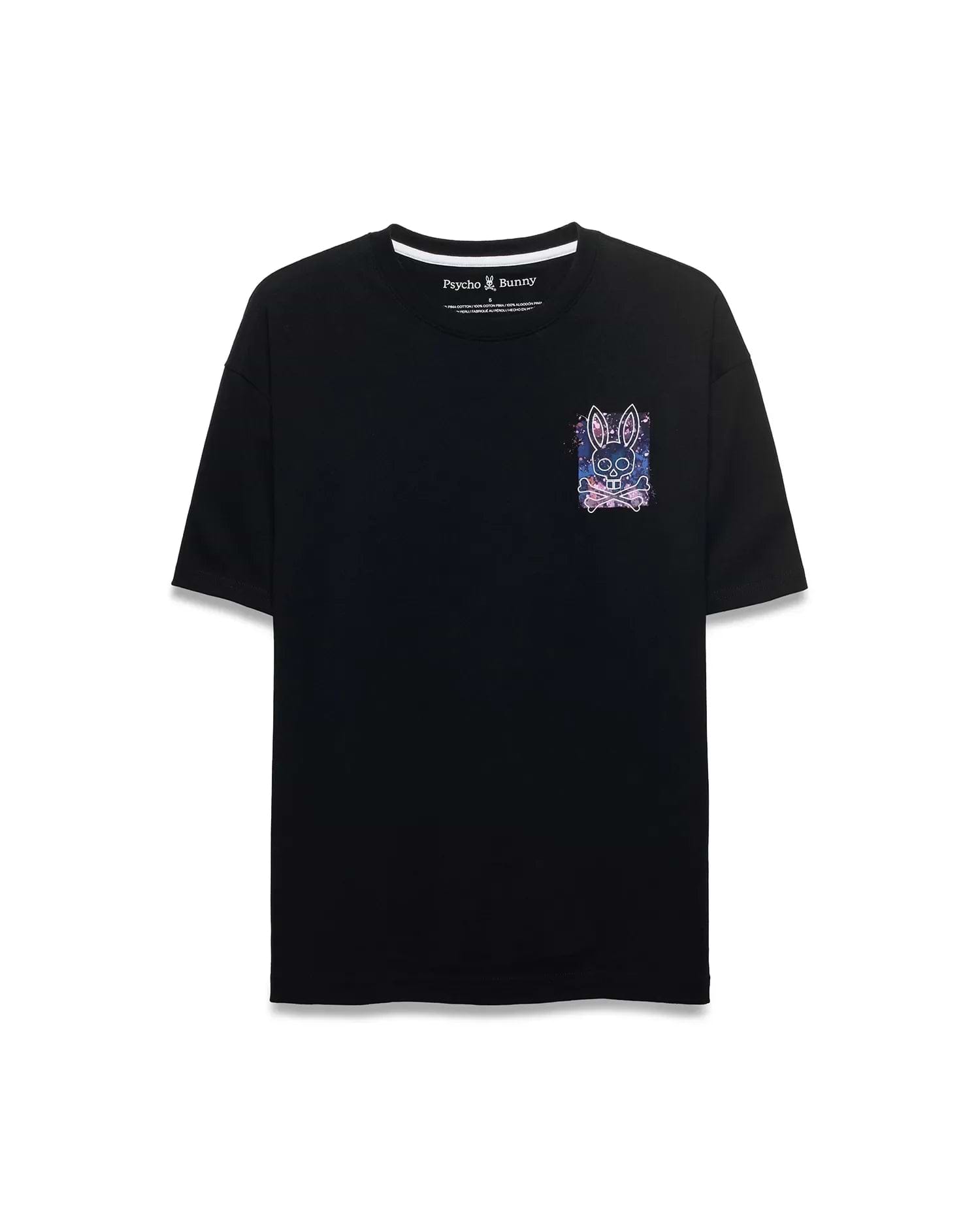 Mens Isaac Splatter Back Graphic Tee, a black relaxed fit jersey t-shirt featuring a small colorful pink, purple, and blue splatter bunny skull logo on the left chest.