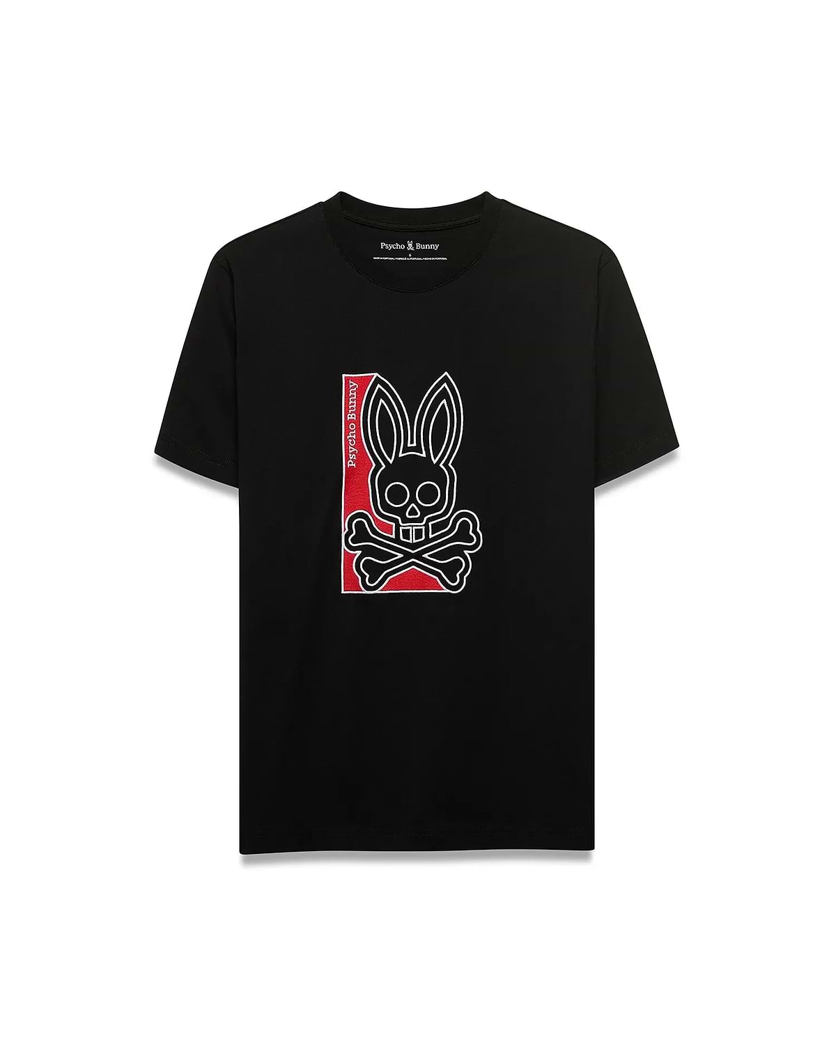 Men's Lowell Graphic Tee, black classic fit jersey t-shirt with a large central white-outlined Psycho Bunny skull and crossbones logo featuring red accents and vertical Psycho Bunny text. (1)