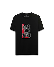 Men's Lowell Graphic Tee, black classic fit jersey t-shirt with a large central white-outlined Psycho Bunny skull and crossbones logo featuring red accents and vertical Psycho Bunny text. (1)