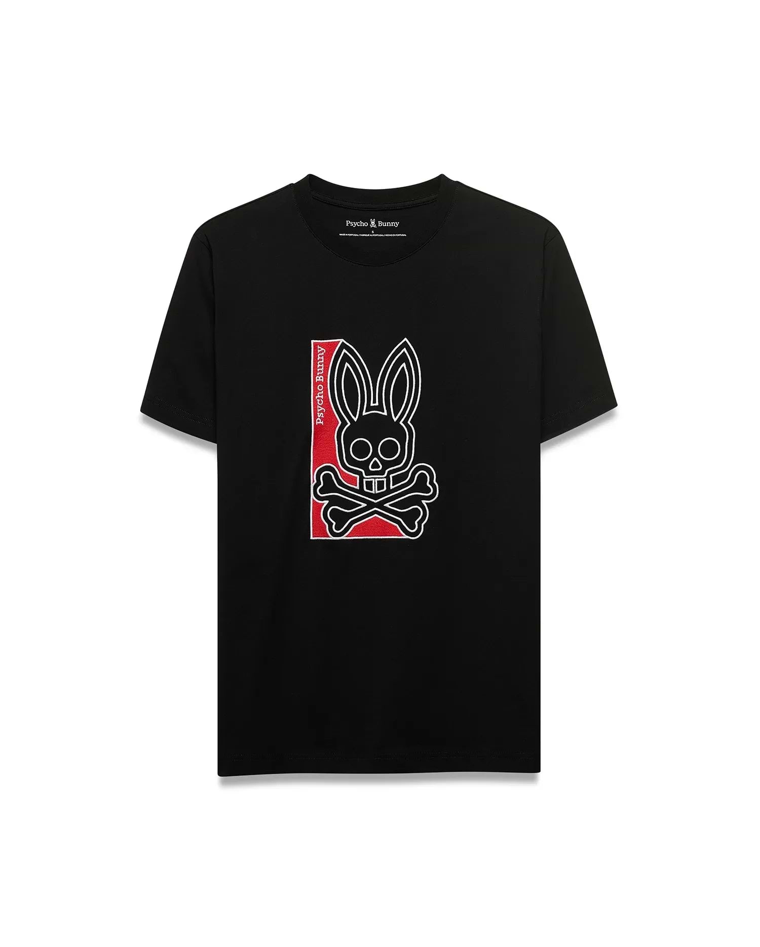 Men's Lowell Graphic Tee, black classic fit jersey t-shirt with a large central white-outlined Psycho Bunny skull and crossbones logo featuring red accents and vertical Psycho Bunny text. (1)