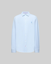 The Psycho Bunny MENS JIM JERSEY STRIPED KNIT SHIRT (MT0300041) is a light blue, long-sleeve, collared button-up with a subtle logo on the left chest, made from soft cotton jersey and shown against a plain gray background.