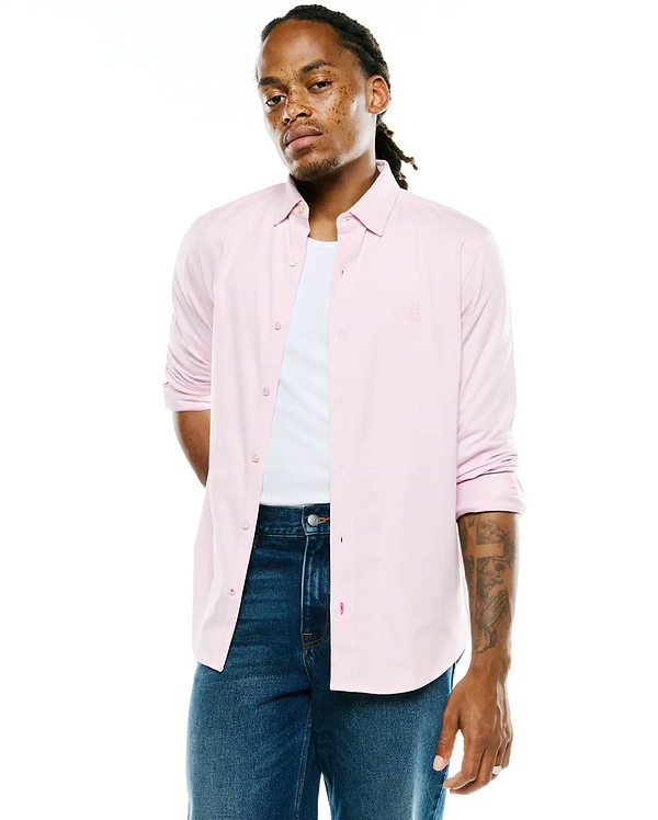 Men's Jim Jersey Longsleeve Shirt, light pink, classic fit, jersey fabric, button-down, white buttons, rolled sleeves, embroidered Psycho Bunny skull logo left chest, pink bottom buttonhole. (1)