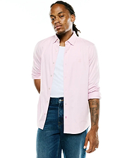 Men's Jim Jersey Longsleeve Shirt, light pink, classic fit, jersey fabric, button-down, white buttons, rolled sleeves, embroidered Psycho Bunny skull logo left chest, pink bottom buttonhole. (1)