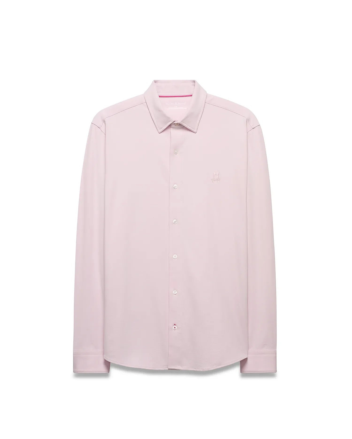 Men's Jim Jersey Longsleeve Shirt in light pink, featuring a classic fit, full button-down front, white buttons, subtle pink collar stitching, and a small embroidered Psycho Bunny skull logo on the left chest. (4)