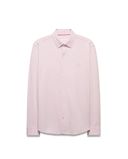 Men's Jim Jersey Longsleeve Shirt in light pink, featuring a classic fit, full button-down front, white buttons, subtle pink collar stitching, and a small embroidered Psycho Bunny skull logo on the left chest. (4)