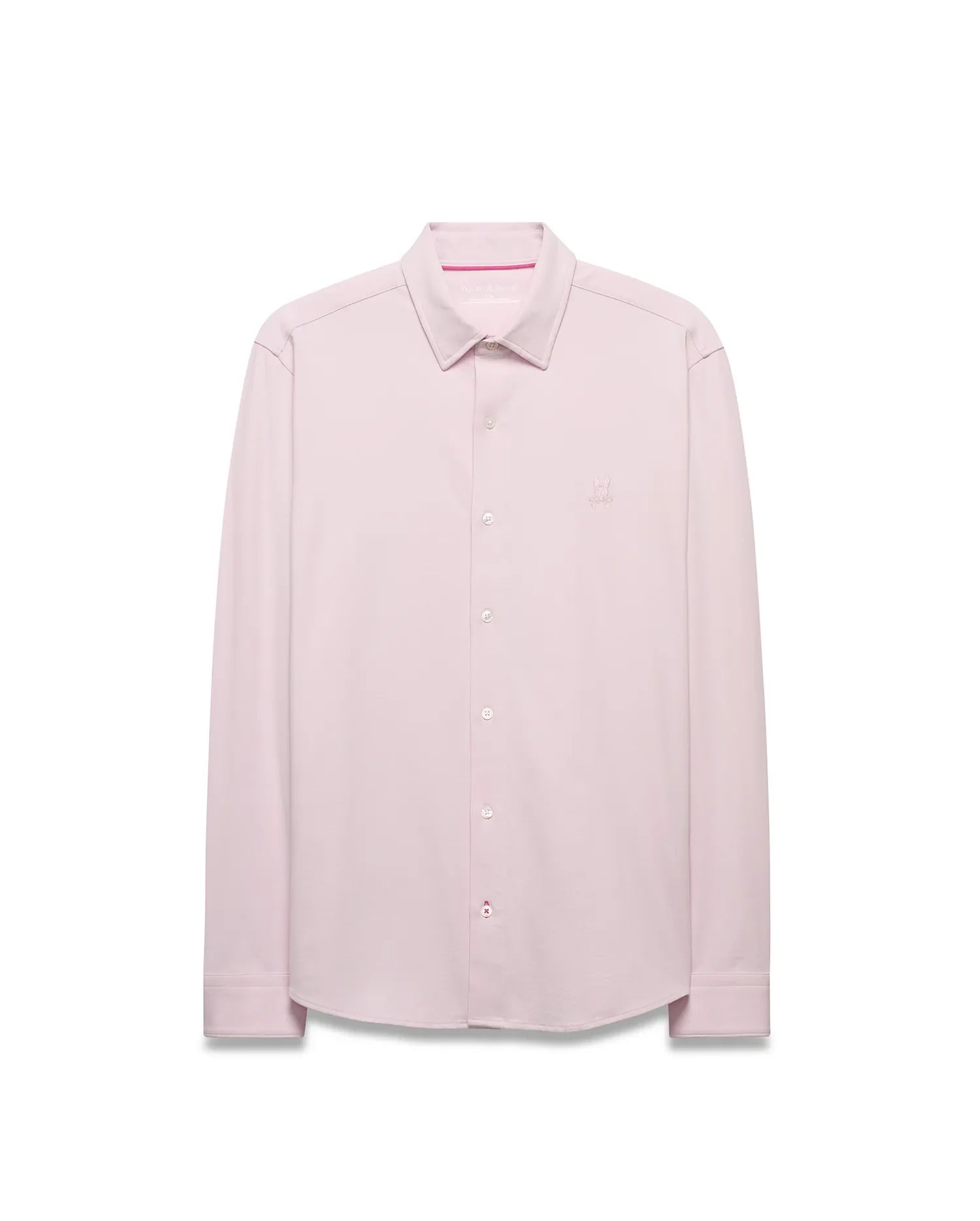 Men's Jim Jersey Longsleeve Shirt in light pink, featuring a classic fit, full button-down front, white buttons, subtle pink collar stitching, and a small embroidered Psycho Bunny skull logo on the left chest. (4)