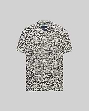 Mens Josh Jacquard Shirt, cream short-sleeve with black all-over geometric and small Psycho Bunny skull pattern, relaxed fit, soft jacquard fabric.