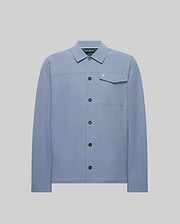 Mens Maverick Overshirt, a dusty blue collared overshirt in smooth fabric, featuring a full button-front, left chest flap pocket with a small embroidered Psycho Bunny skull logo, and two lower welt pockets. (5)