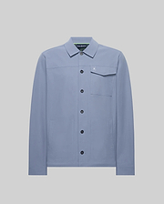 Mens Maverick Overshirt, a dusty blue collared overshirt in smooth fabric, featuring a full button-front, left chest flap pocket with a small embroidered Psycho Bunny skull logo, and two lower welt pockets. (5)