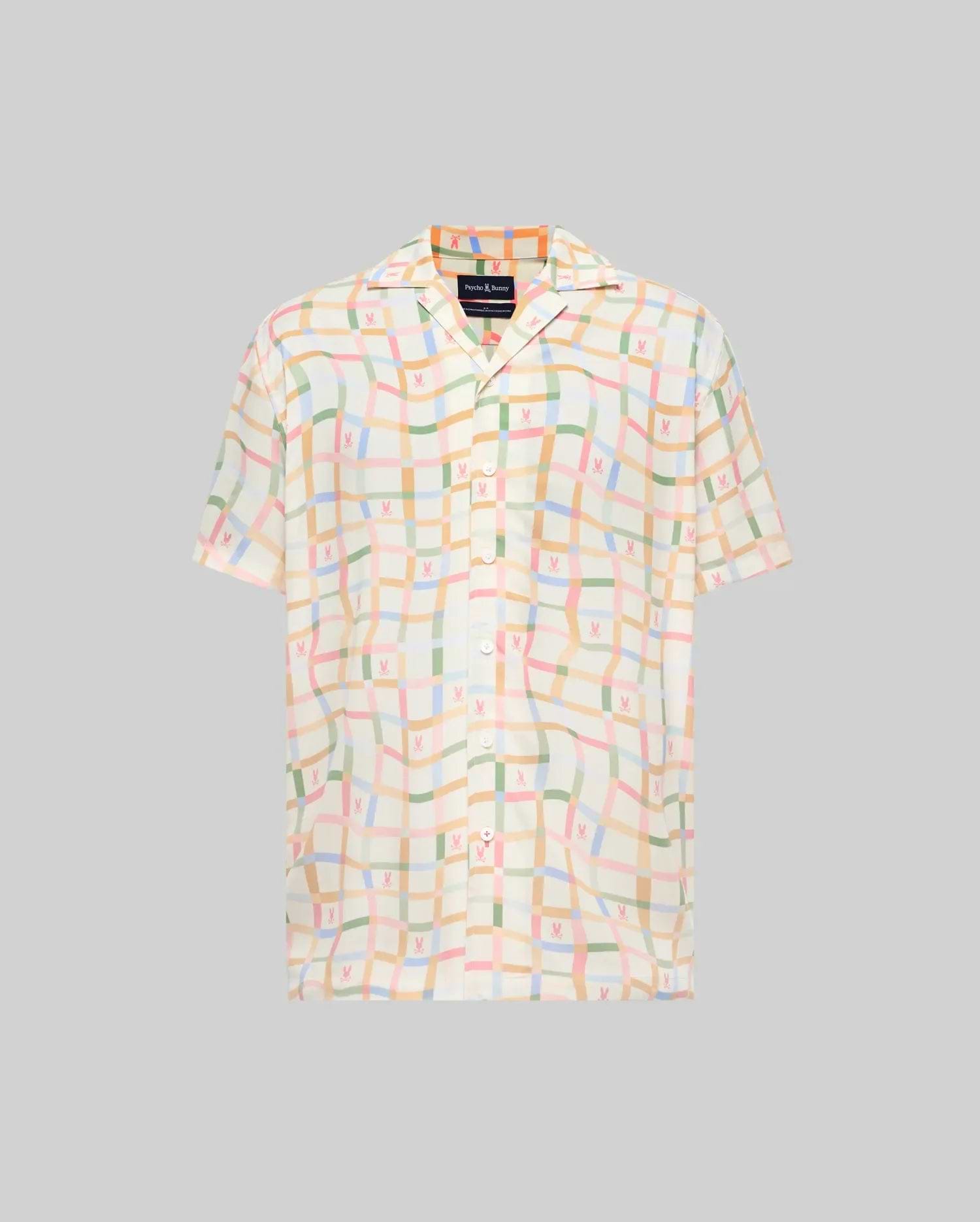 Mens Atlas Tencel Shirt, a relaxed fit cream short-sleeve button-up with a pastel wavy grid pattern in pink, green, blue, and orange, featuring small repeating Psycho Bunny skull logos.