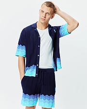 Mens Holden Oversized Knit Shirt in navy with a wavy knit texture and light blue to turquoise color block waves on sleeves and hem, featuring a small embroidered Psycho Bunny logo on the left chest.