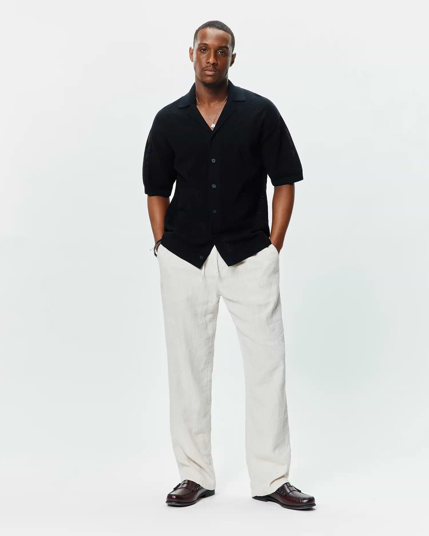 Mens Brad Oversized Knit Shirt, a black textured knit short-sleeve button-front shirt featuring an open collar and a relaxed, oversized fit, embodying refined streetwear style.