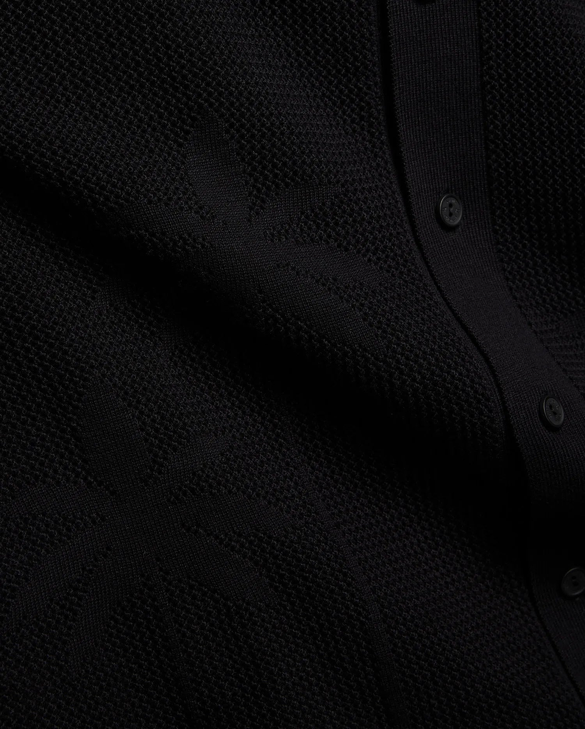 Psycho Bunny Mens Brad Oversized Knit Shirt in deep black, showcasing a unique, intricate textured knit pattern and a refined button placket with matching black buttons.
