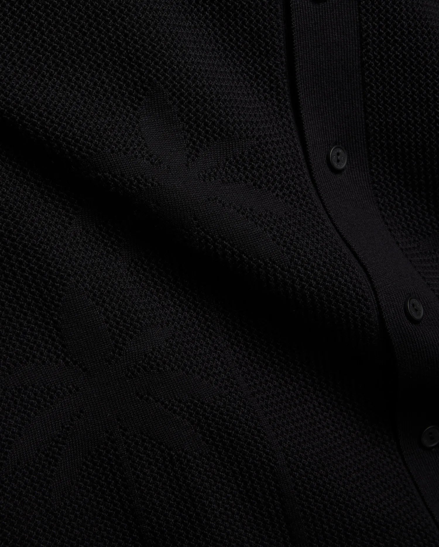Psycho Bunny Mens Brad Oversized Knit Shirt in deep black, showcasing a unique, intricate textured knit pattern and a refined button placket with matching black buttons.