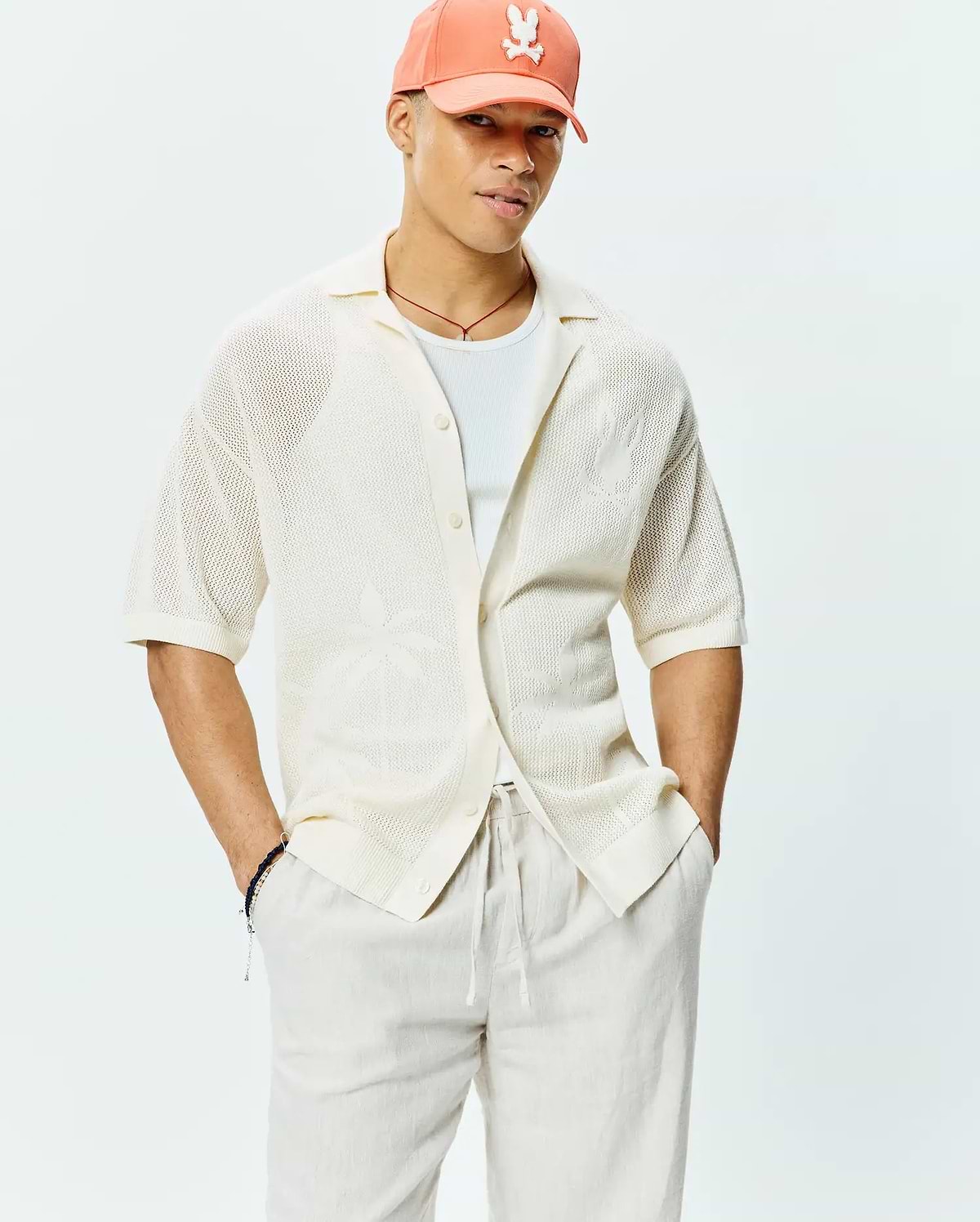 Mens Brad Oversized Knit Shirt in cream, featuring an open knit texture, relaxed fit, short sleeves, spread collar, and subtle woven palm tree pattern.