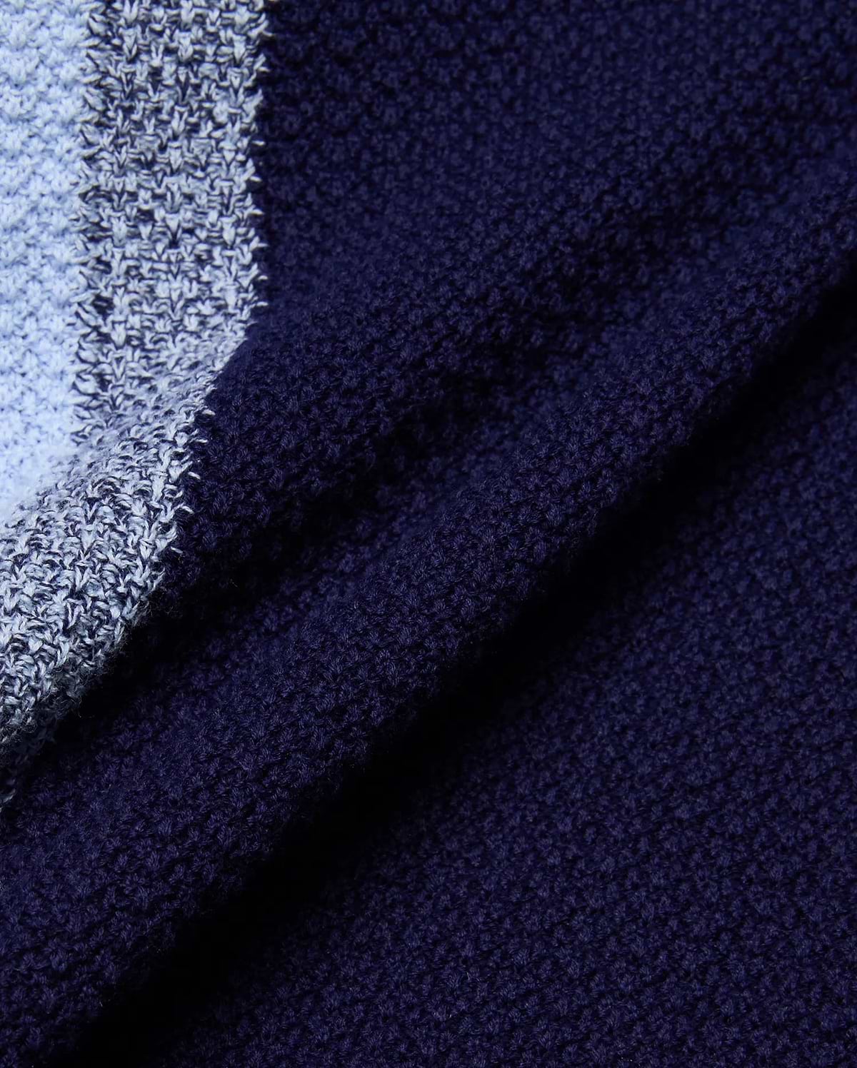Mens Giles Relaxed Fit Border Knit Shirt, showcasing a rich navy blue textured knit fabric alongside a contrasting light blue and marled grey-white striped knit pattern.