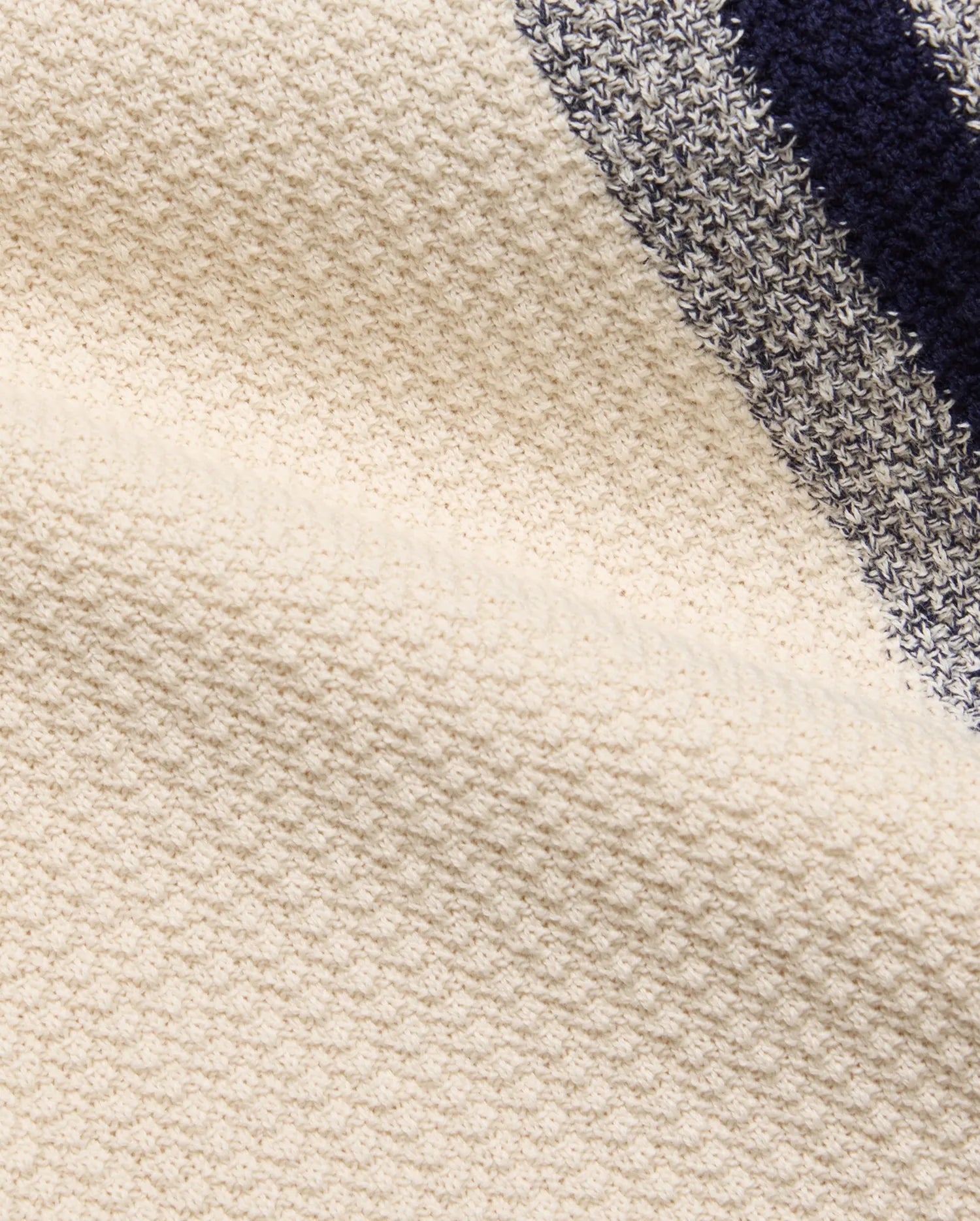 Mens Giles Relaxed Fit Border Knit Shirt, a premium cream textured knit with prominent vertical stripes featuring solid navy and marled navy/white sections, showcasing refined streetwear style.