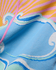 Mens Ray Relaxed Fit Jacquard Shirt featuring a vibrant light blue base with a colorful jacquard knit pattern of orange and pink sun rays, and abstract waves in dark blue, mint green, and white, with a pink button placket.