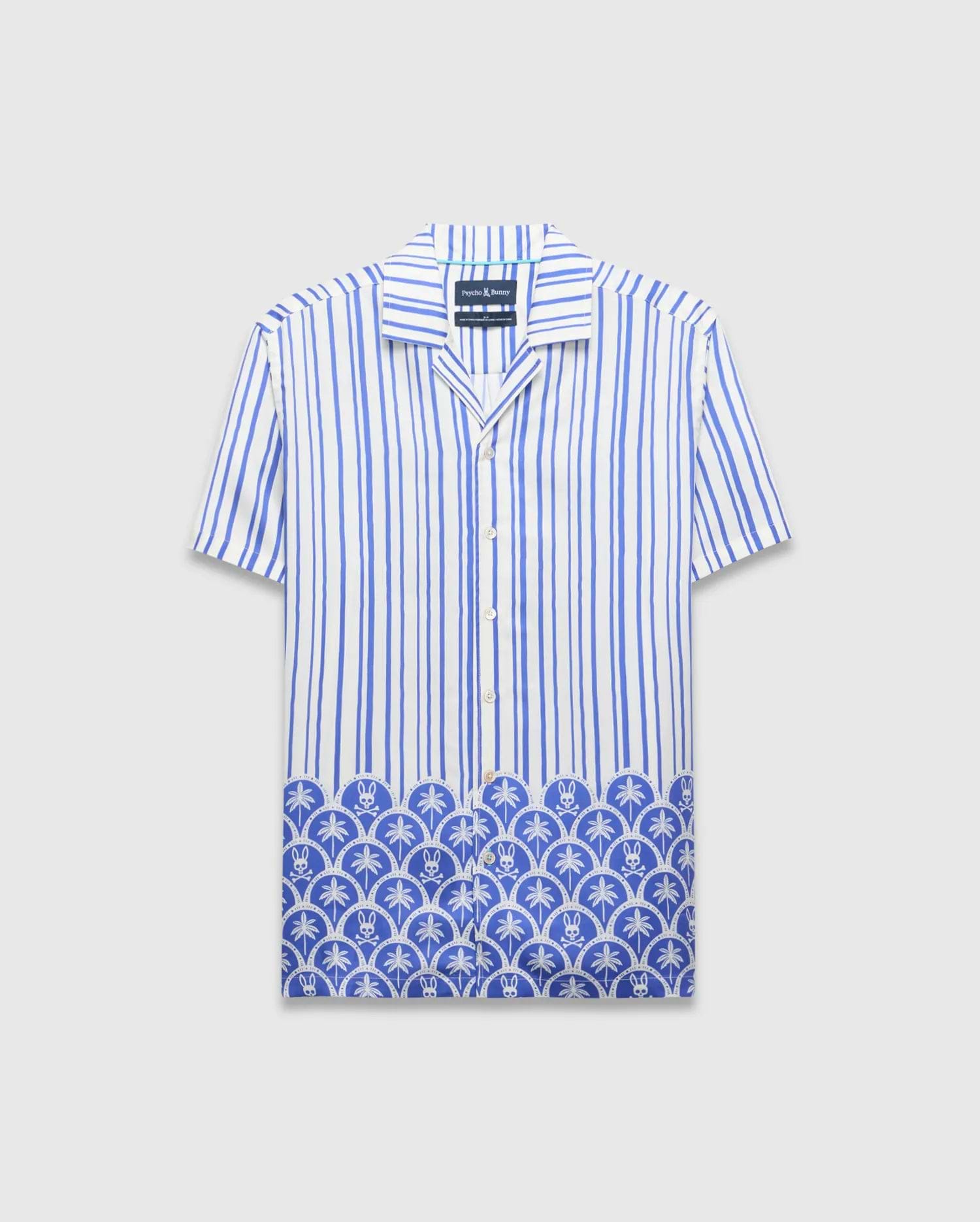 Mens Brad Tencel Shirt, a relaxed fit white and blue striped short-sleeve button-up with a unique Psycho Bunny skull and palm tree pattern along the hem.