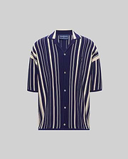 MENS CLIFF SHIRT, a relaxed fit navy blue and cream vertical striped ribbed knit short-sleeve shirt with a spread collar, full button placket, and small embroidered Psycho Bunny skull logo on the left chest.