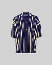 MENS CLIFF SHIRT, a relaxed fit navy blue and cream vertical striped ribbed knit short-sleeve shirt with a spread collar, full button placket, and small embroidered Psycho Bunny skull logo on the left chest.