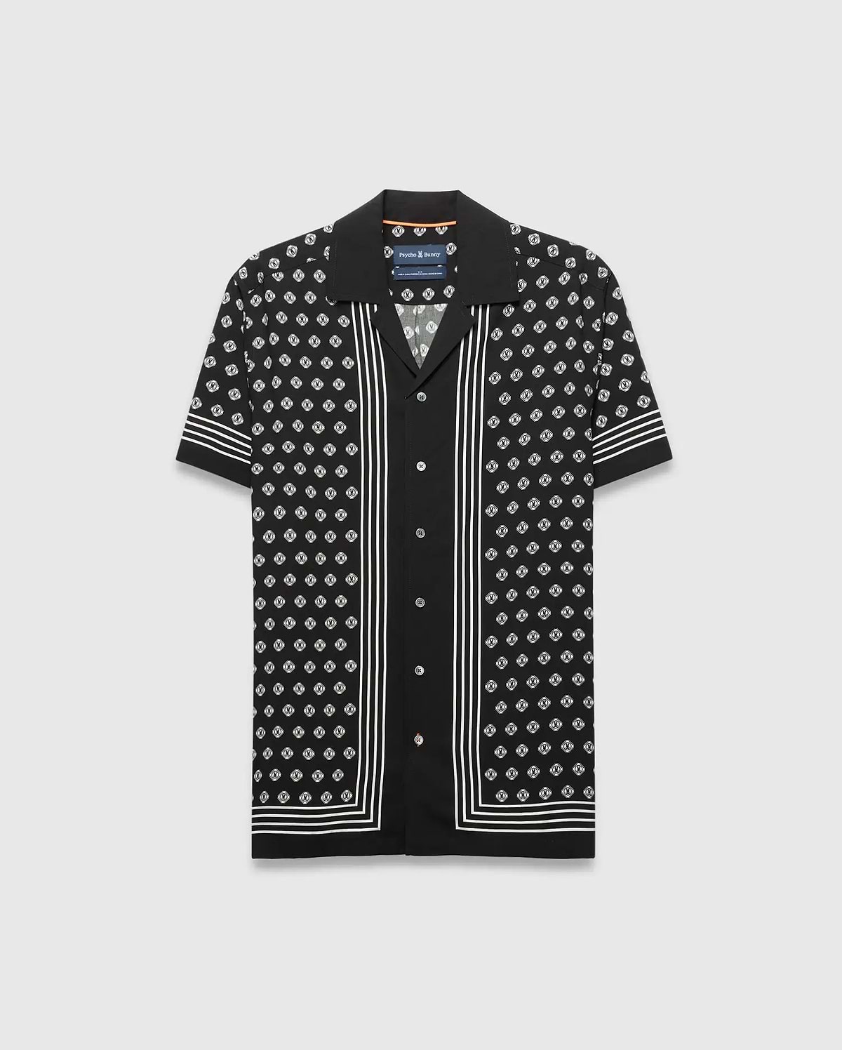 Mens Nick Tencel Shirt, black with a white all-over monogram pattern, white vertical stripes on the placket, and horizontal stripes on the sleeves and hem, offering a relaxed fit.