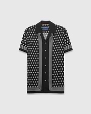 Mens Nick Tencel Shirt, black with a white all-over monogram pattern, white vertical stripes on the placket, and horizontal stripes on the sleeves and hem, offering a relaxed fit.