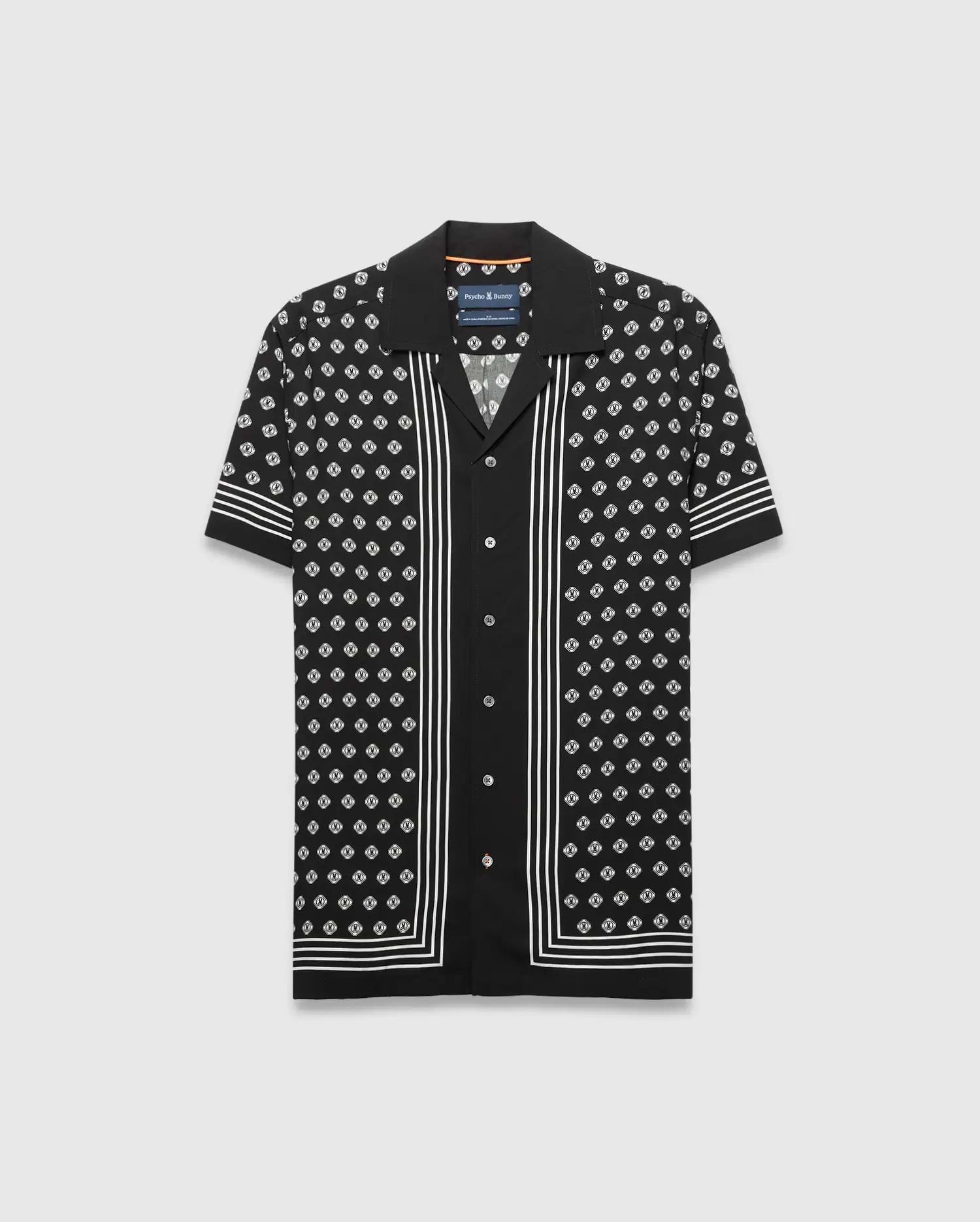 Mens Nick Tencel Shirt, black with a white all-over monogram pattern, white vertical stripes on the placket, and horizontal stripes on the sleeves and hem, offering a relaxed fit.