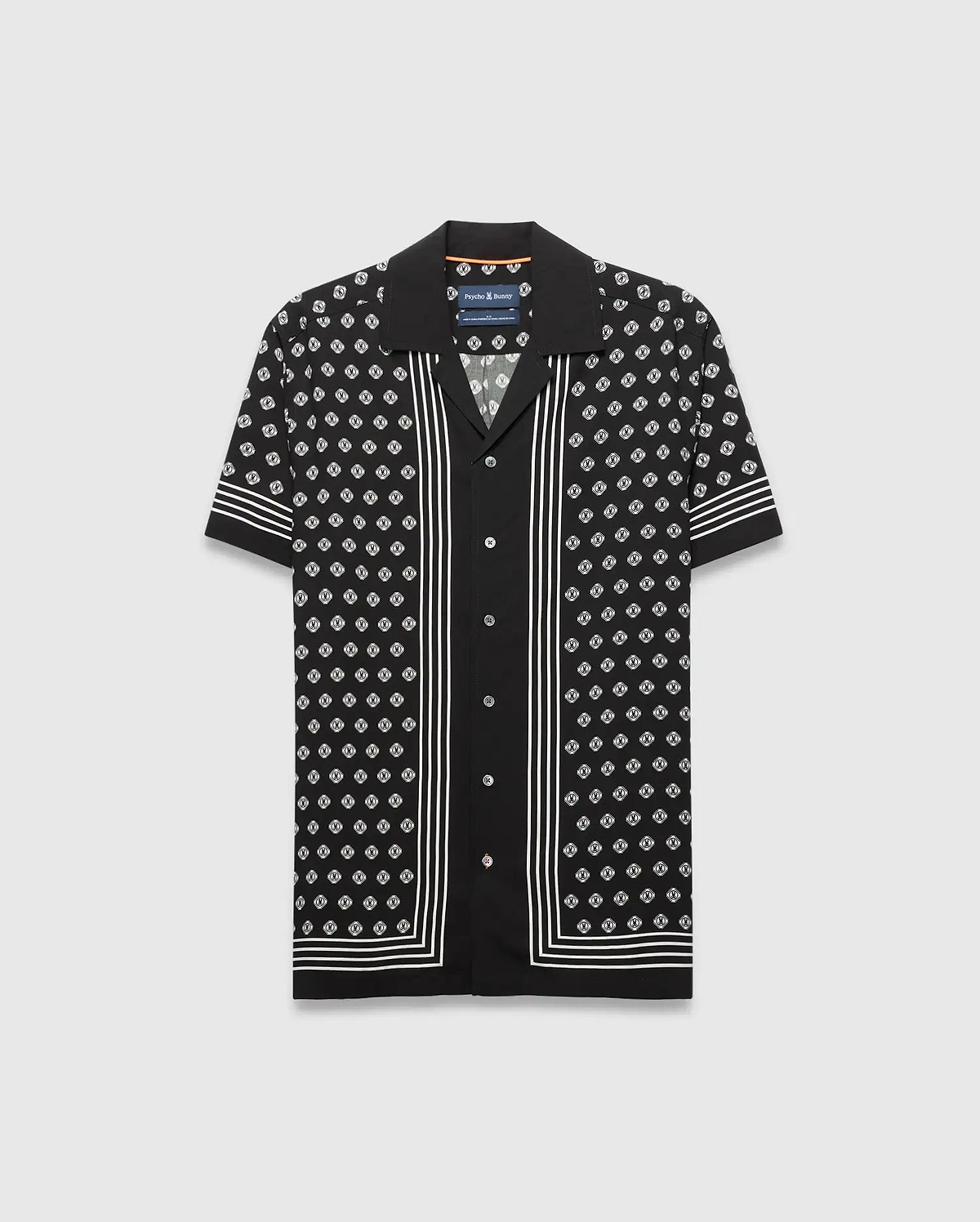 Mens Nick Tencel Shirt, black with a white all-over monogram pattern, white vertical stripes on the placket, and horizontal stripes on the sleeves and hem, offering a relaxed fit.