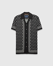 Mens Nick Tencel Shirt, black with a white all-over monogram pattern, white vertical stripes on the placket, and horizontal stripes on the sleeves and hem, offering a relaxed fit.