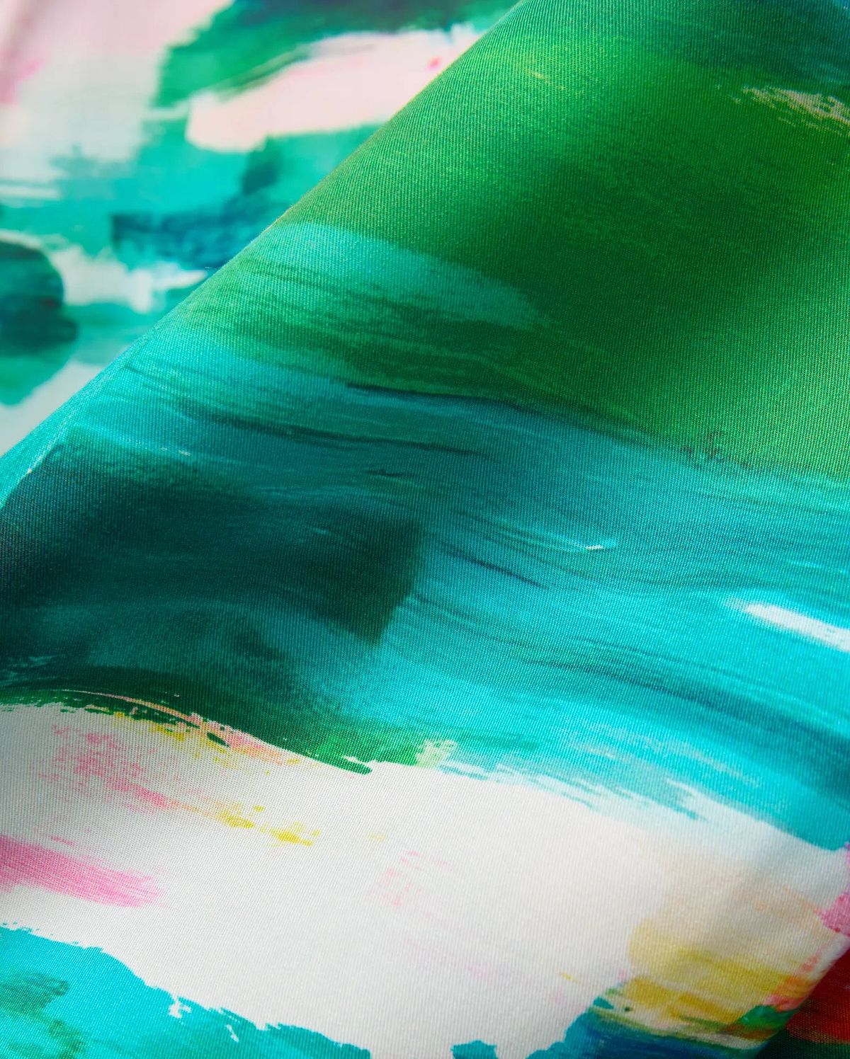 Mens Nate Tencel Shirt featuring a vibrant abstract brushstroke pattern in shades of green, teal, and white with pink and yellow accents on smooth Tencel fabric.