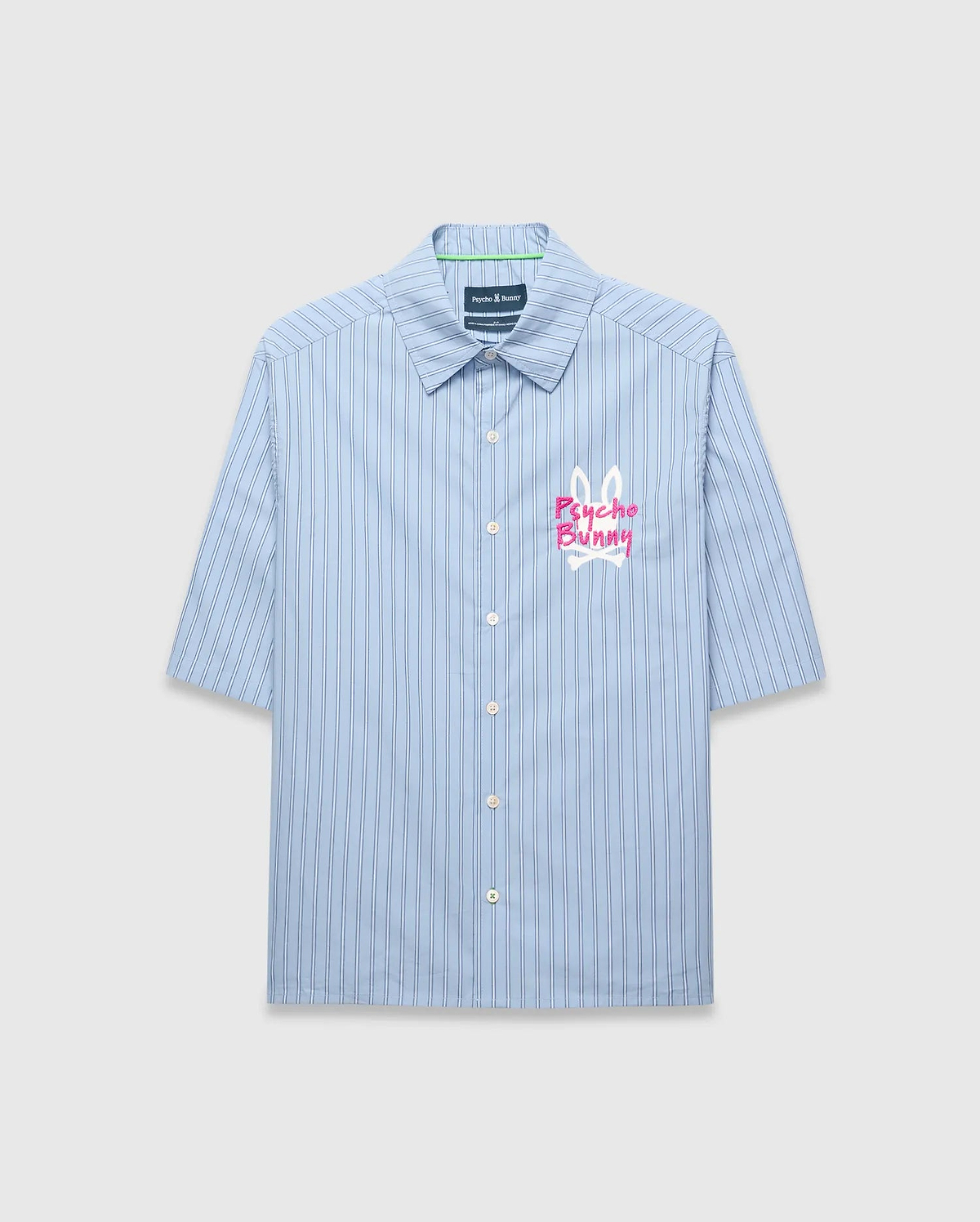 Mens Duncan Stripe Shirt, light blue woven short-sleeve button-up with thin dark blue vertical stripes and a large, classic fit, vibrant pink and white embroidered Psycho Bunny logo on the chest.