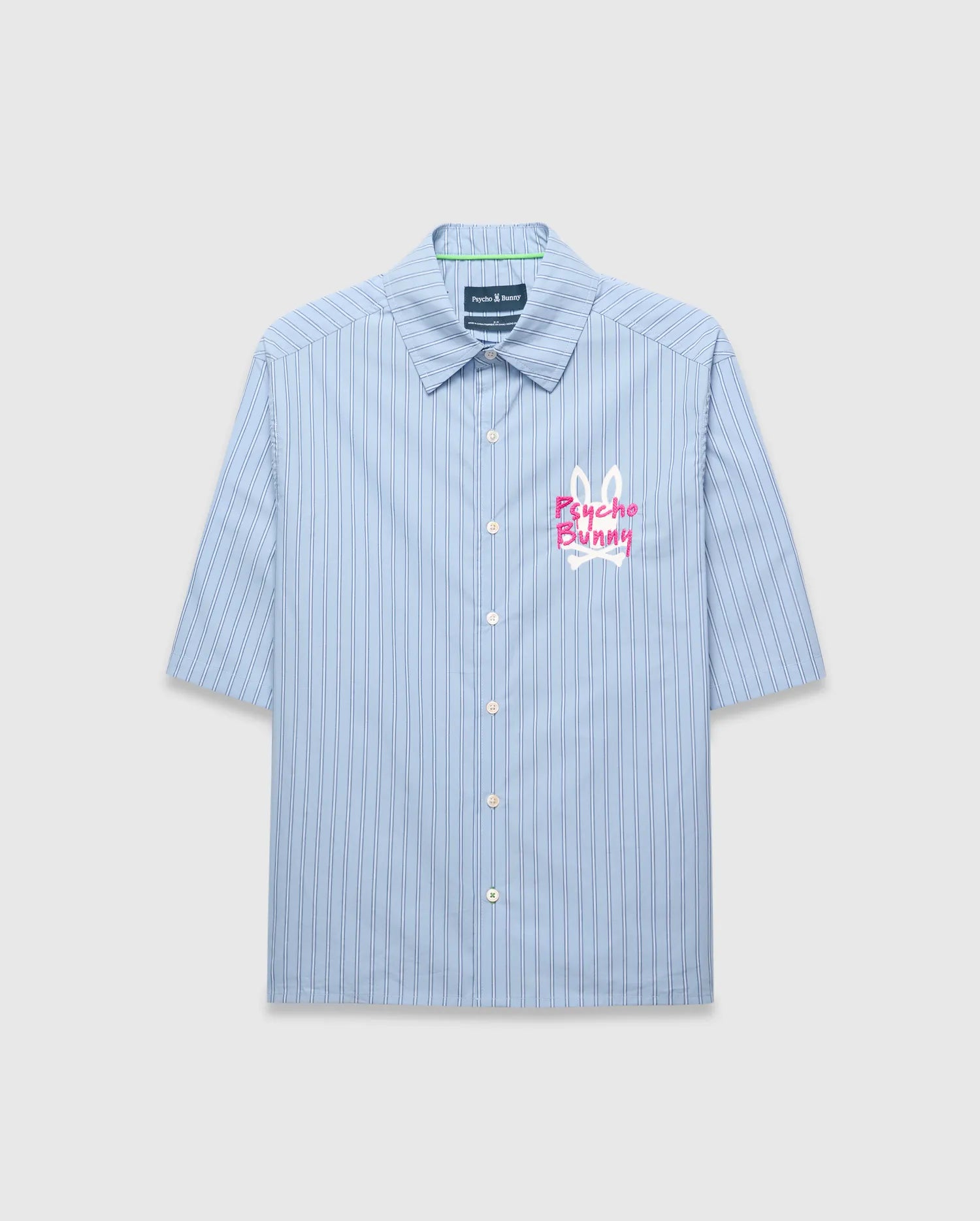 Mens Duncan Stripe Shirt, light blue woven short-sleeve button-up with thin dark blue vertical stripes and a large, classic fit, vibrant pink and white embroidered Psycho Bunny logo on the chest.
