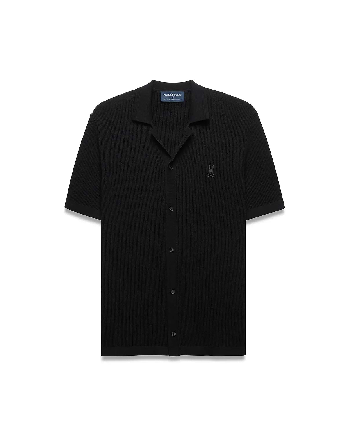 Black Mens Yann Knit Shirt with a classic fit, featuring a ribbed knit texture, full button-front, spread collar, short sleeves, and a small embroidered Psycho Bunny skull logo on the left chest. (5)
