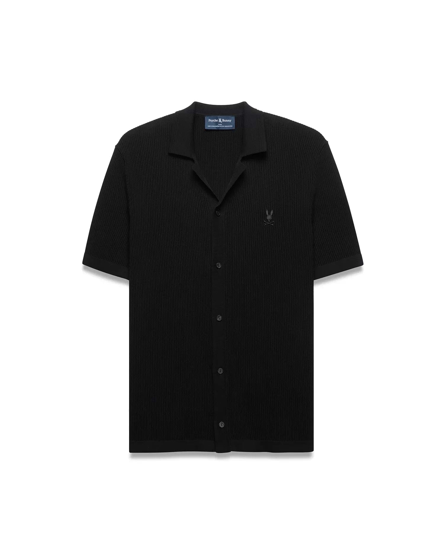 Black Mens Yann Knit Shirt with a classic fit, featuring a ribbed knit texture, full button-front, spread collar, short sleeves, and a small embroidered Psycho Bunny skull logo on the left chest. (5)