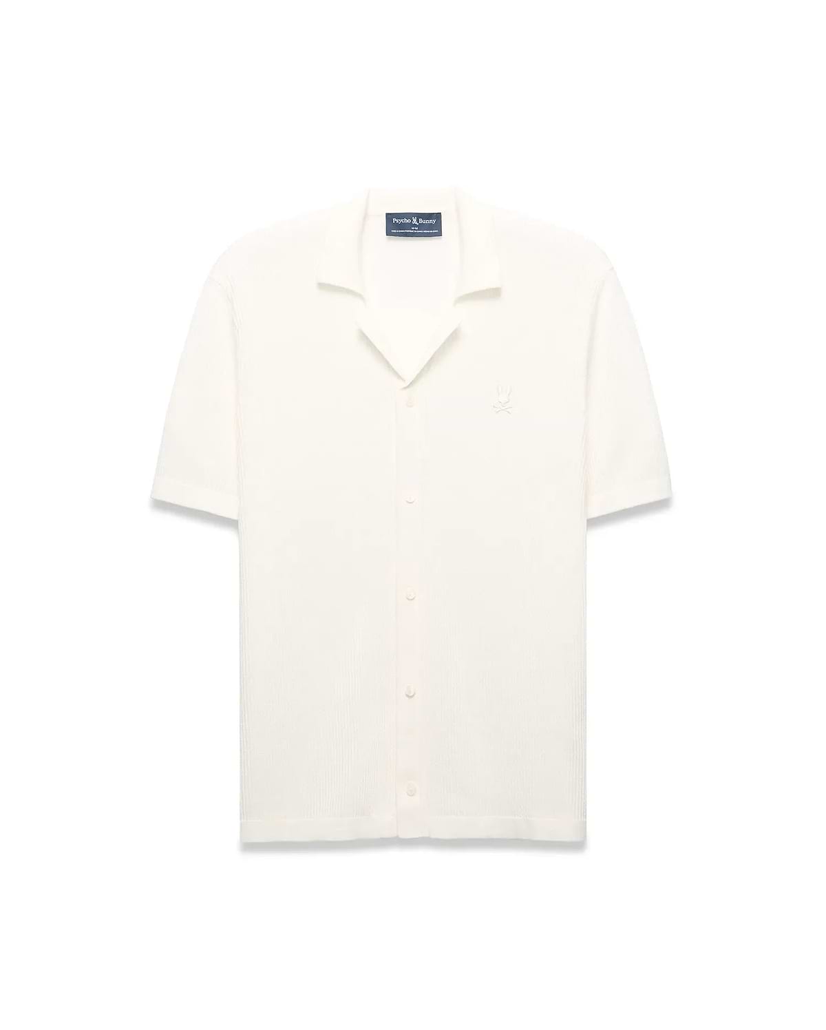 Mens Yann Knit Shirt, cream ribbed knit, short-sleeve, full button-front, camp collar, with a small embroidered Psycho Bunny skull logo on the left chest, classic fit. (6)