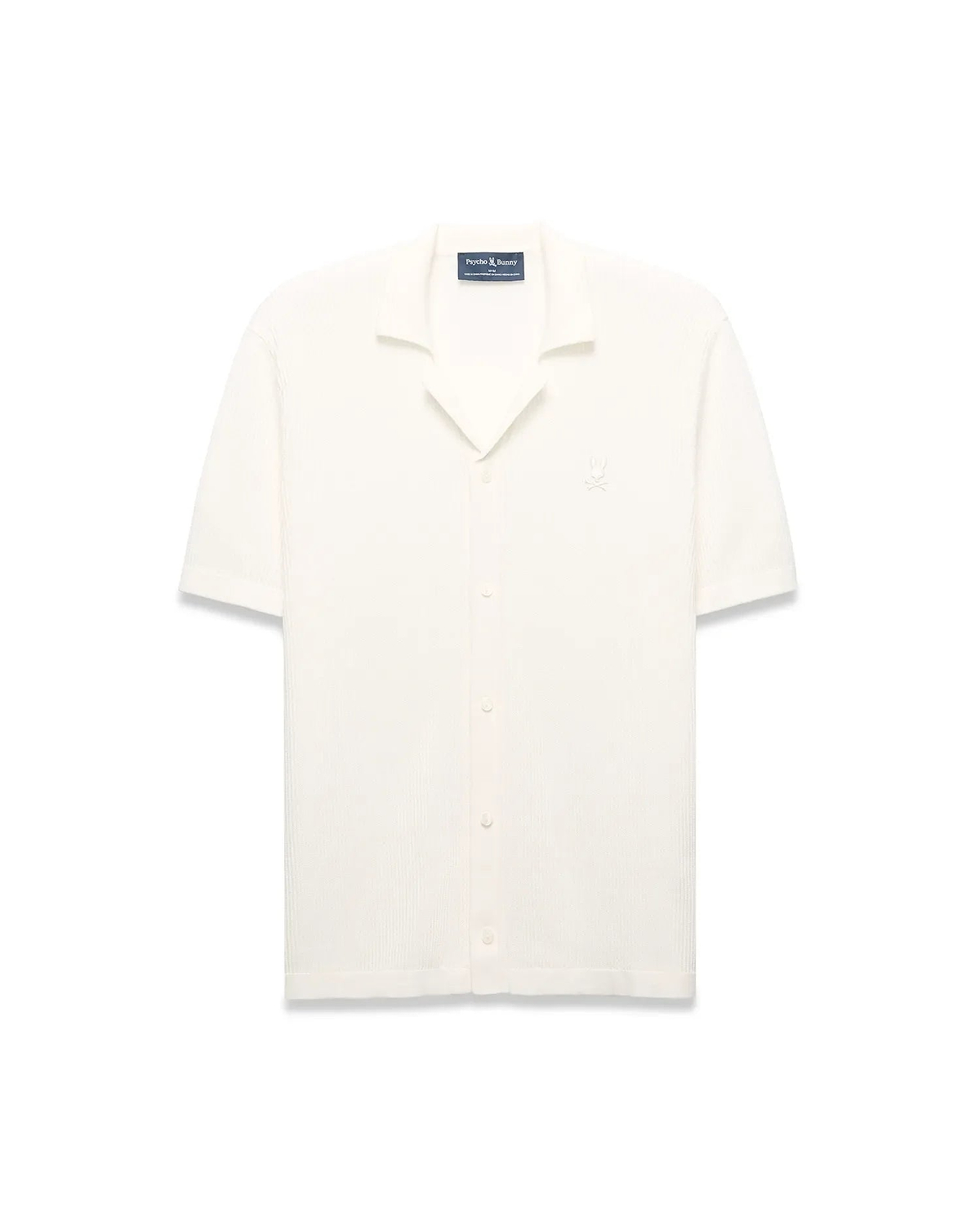 Mens Yann Knit Shirt, cream ribbed knit, short-sleeve, full button-front, camp collar, with a small embroidered Psycho Bunny skull logo on the left chest, classic fit. (6)