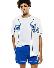 White Mens Nathaniel Baseball Shirt with royal blue piping, featuring a large embroidered PSYCHO on the left chest and BUNNY with the iconic bunny skull and crossbones on the right chest, in a relaxed jersey fit.