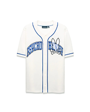 Mens Nathaniel Baseball Shirt, cream relaxed fit jersey with blue piping, featuring a large embroidered PSYCHO BUNNY text and bunny skull crossbones graphic on the chest.