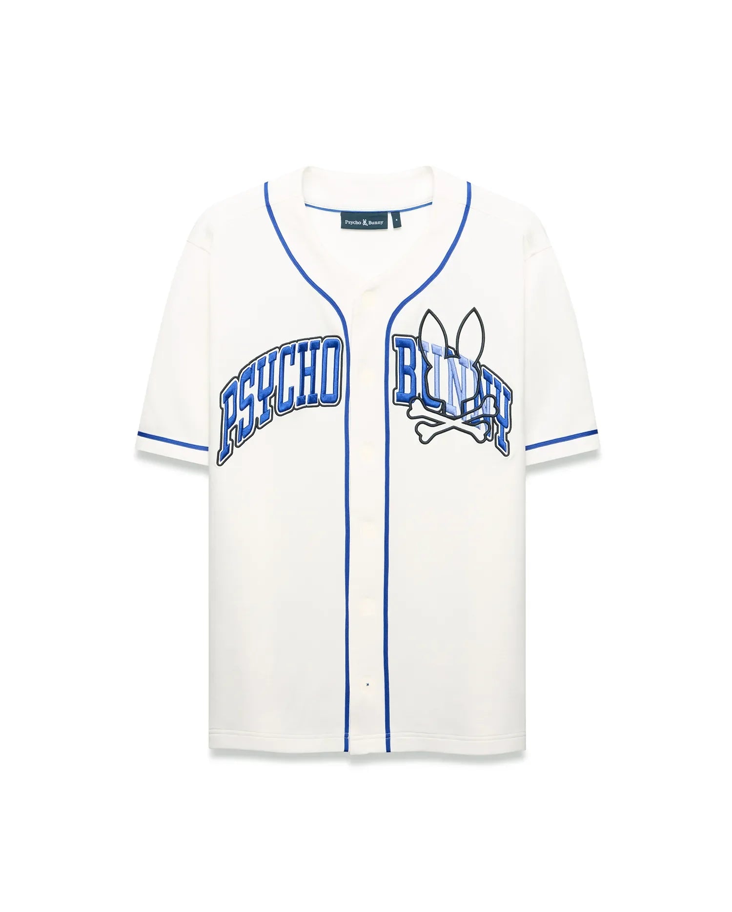 Mens Nathaniel Baseball Shirt, cream relaxed fit jersey with blue piping, featuring a large embroidered PSYCHO BUNNY text and bunny skull crossbones graphic on the chest.