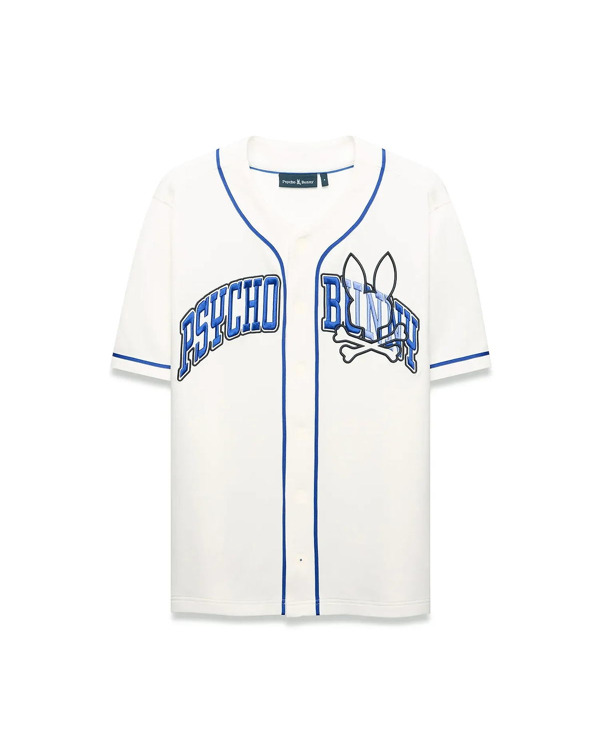 Mens Nathaniel Baseball Shirt, cream relaxed fit jersey with blue piping, featuring a large embroidered PSYCHO BUNNY text and bunny skull crossbones graphic on the chest.