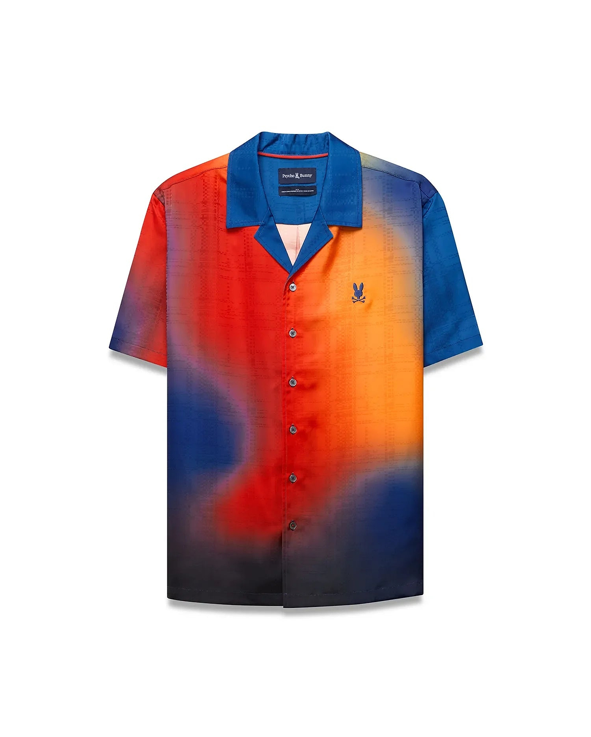 Mens Zander Jacquard Shirt with a vibrant red, orange, and blue gradient, fading to black, featuring a solid blue spread collar, subtle tonal jacquard pattern, and a small embroidered Psycho Bunny logo on the left chest.