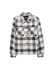 Mens Kessler Relaxed Plaid Overshirt in black, white, and grey, featuring a quilted texture, two buttoned chest pockets, black buttons, and Psycho Bunny branding on the inner collar.