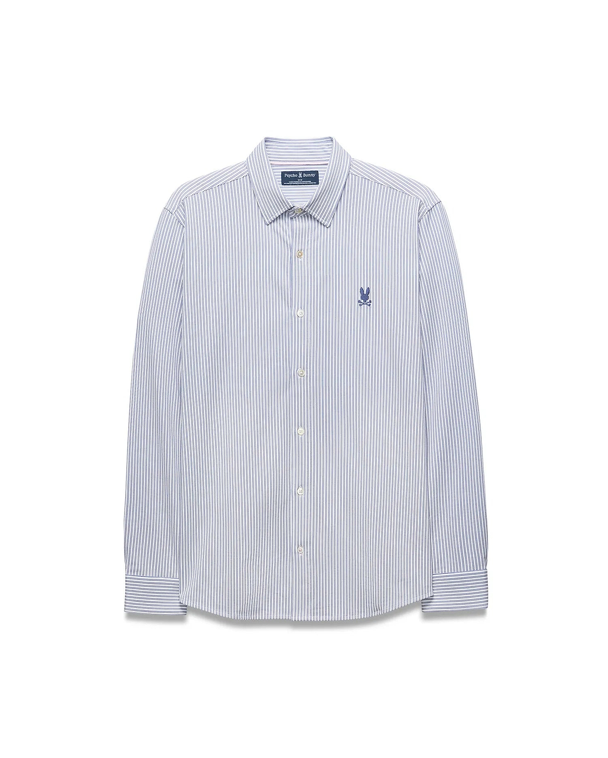 Mens Jim Stripe Jersey Knit L/S Shirt, a classic fit long-sleeve shirt with white and blue vertical stripes and a small embroidered blue Psycho Bunny skull logo on the left chest.