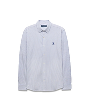 Mens Jim Stripe Jersey Knit L/S Shirt, a classic fit long-sleeve shirt with white and blue vertical stripes and a small embroidered blue Psycho Bunny skull logo on the left chest.