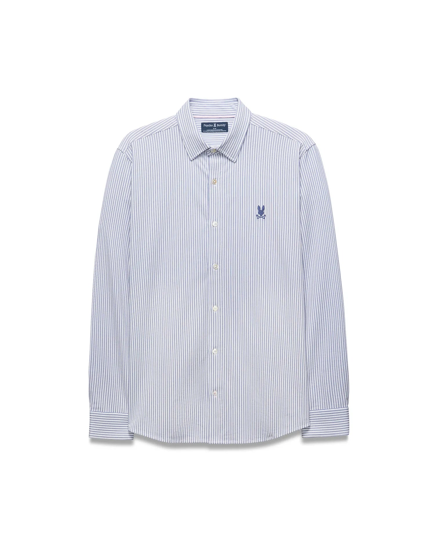 Mens Jim Stripe Jersey Knit L/S Shirt, a classic fit long-sleeve shirt with white and blue vertical stripes and a small embroidered blue Psycho Bunny skull logo on the left chest.
