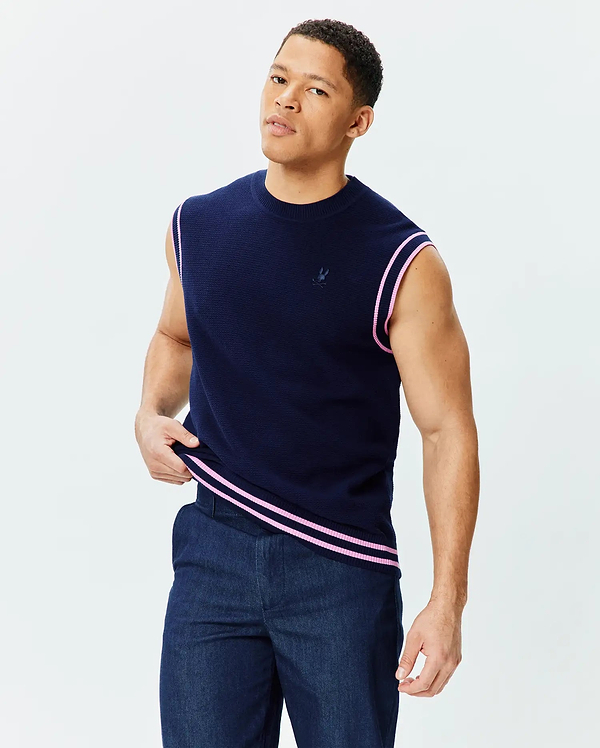 Mens Peter Knit Vest in navy, featuring a textured knit, classic fit, pink double stripes on armholes and hem, and a small embroidered Psycho Bunny skull logo on the left chest.
