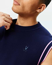 Mens Peter Knit Vest in navy textured knit, featuring a small embroidered Psycho Bunny skull logo on the left chest and ribbed armholes with pink and navy stripes.