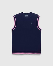 Mens Peter Knit Vest in navy, featuring a classic fit, fine knit texture, and double pink stripe trim on armholes and hem, with a small embroidered Psycho Bunny skull logo on the left chest.